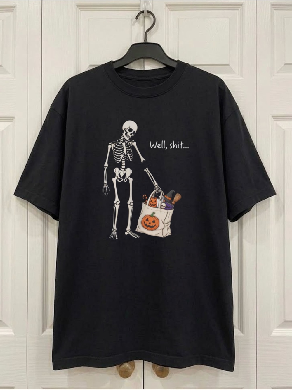 Well Shit Skeleton Broken Arm Black Funny Spooky Aesthetic Tee